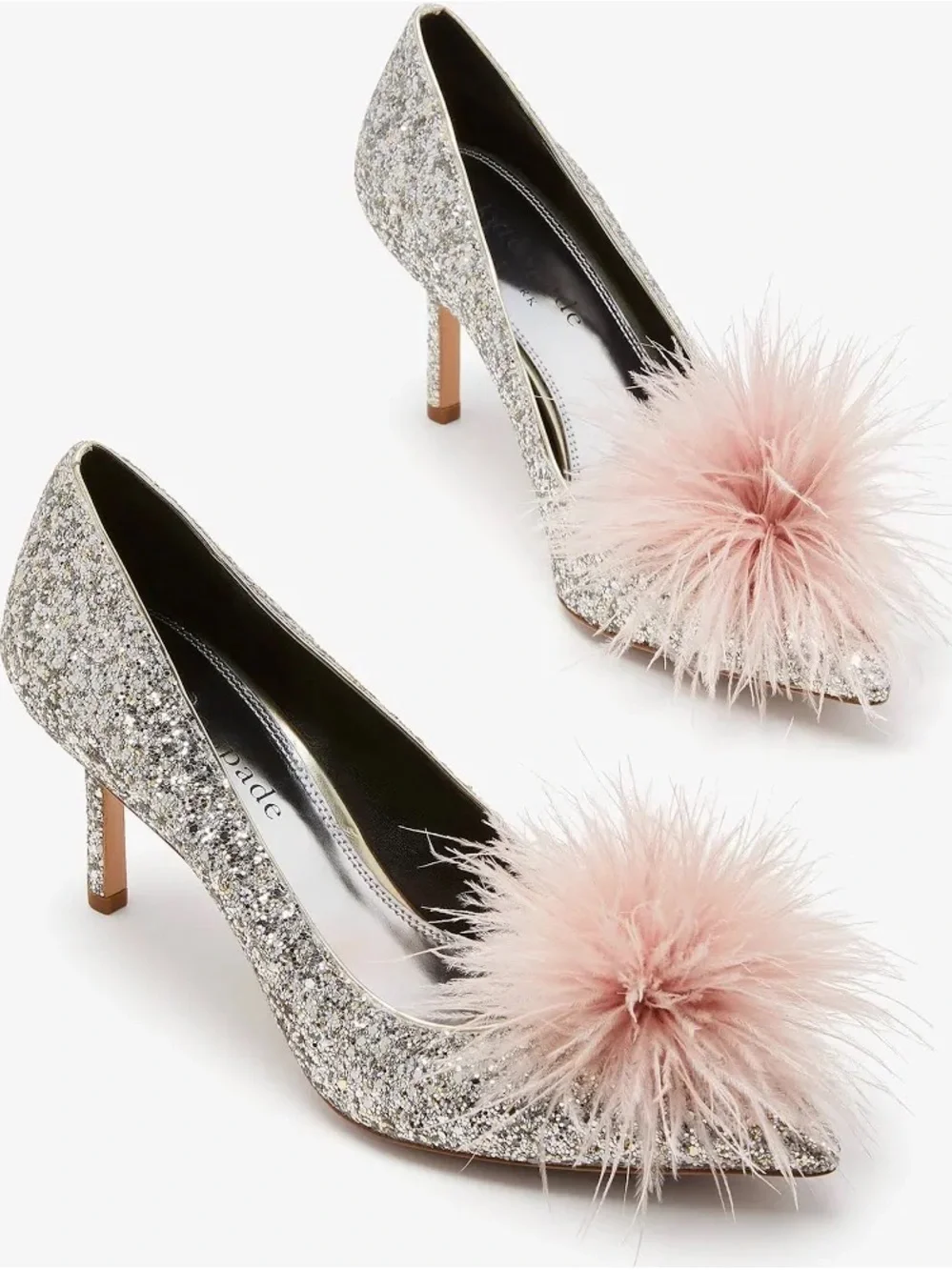 kate spade glitter ballet flats with pink feather pom